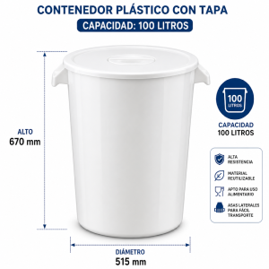 Barreño 100 litros alimentario con tapa