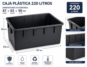 CUBETA RECTANGULAR NEGRA 220 LITROS