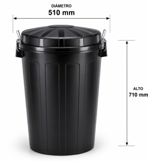 Basurero 95 litros con tapa negro. Medidas Diámetro 510 mm Alto 710 mm