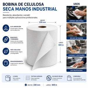 Bobina de Celulosa Industrial Seca Manos 2 Capas  230 mm x 500 m
